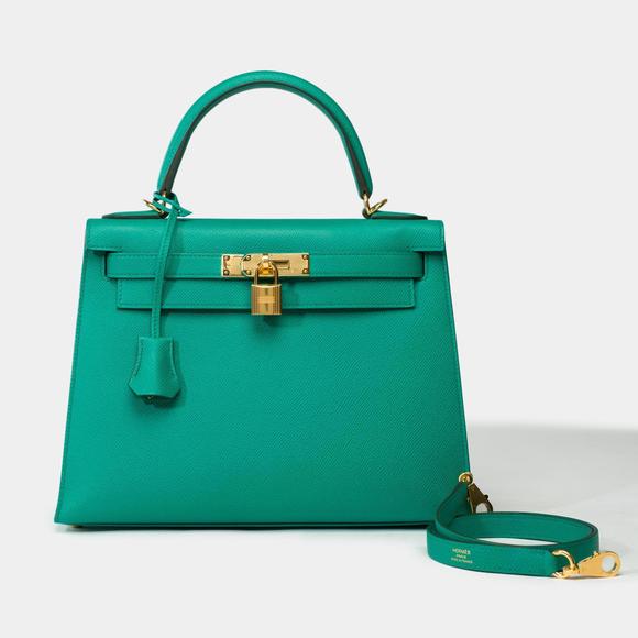 HERMES New Kelly 28 sellier handbag strap in Vert Jade Epsom leather, GHW - Picture 2 of 12